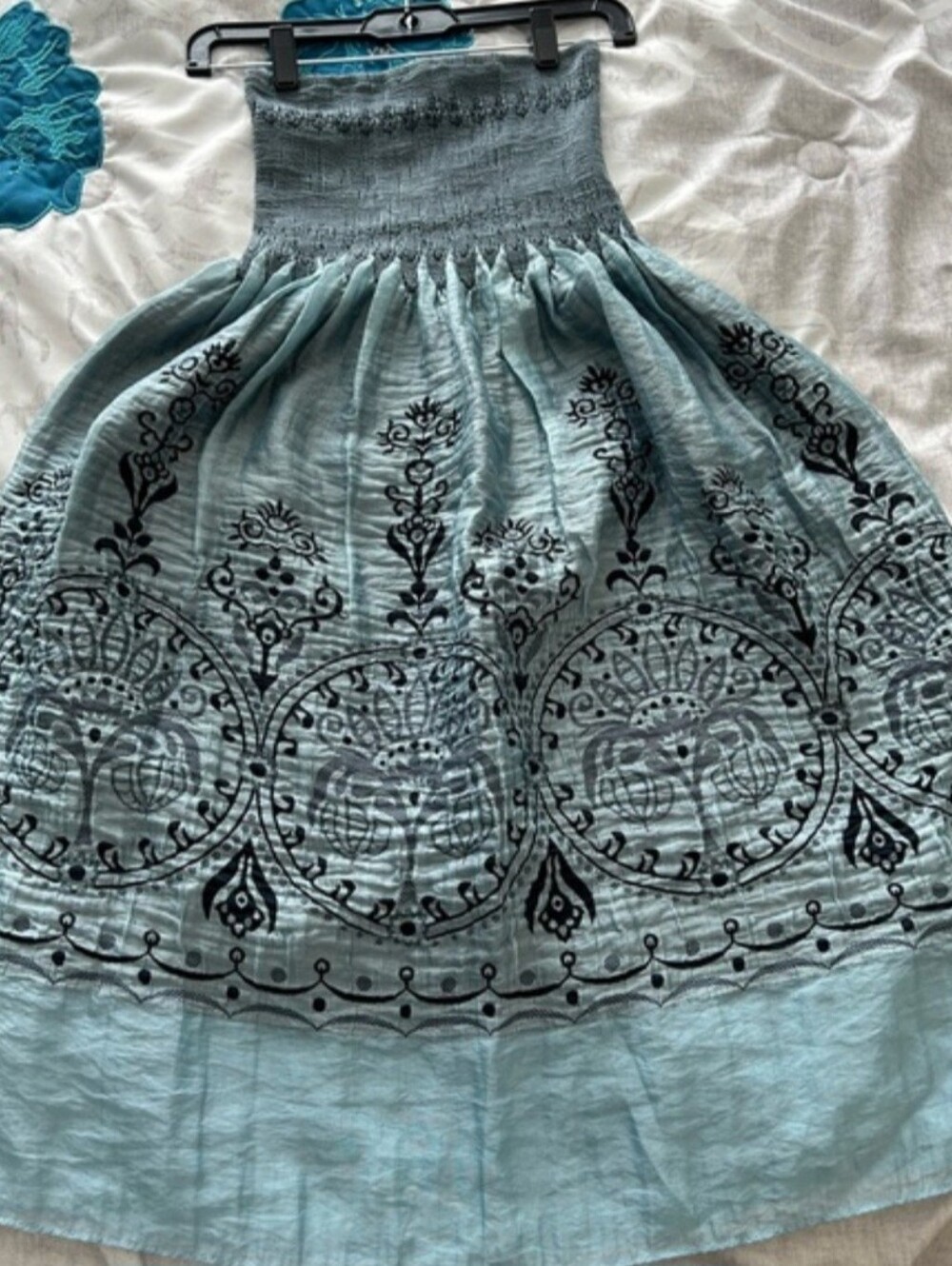 One Size dressy halter dress, aqua blue with black design